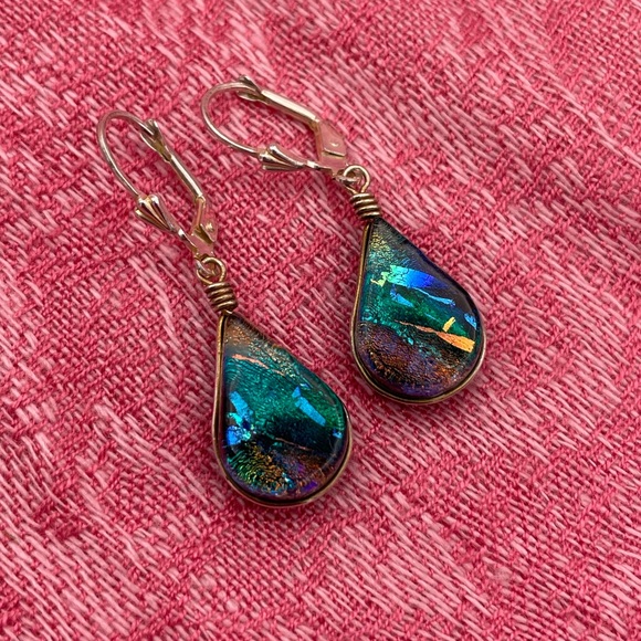 Copper Green Glass Tear Drop Dangle Earrings - Picture 1 of 6